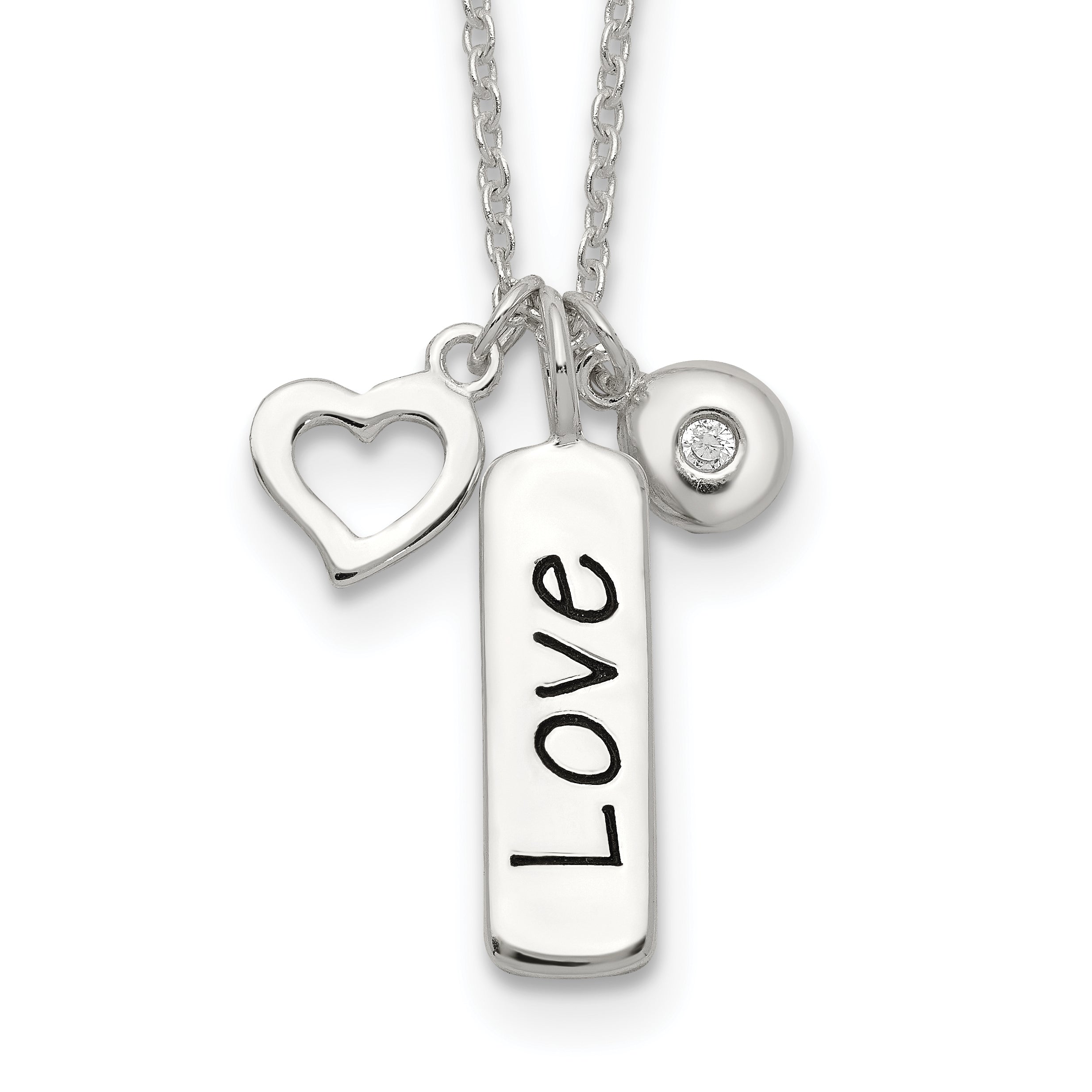 Sterling Silver Antiqued/Polished CZ LOVE Heart With 1in ext Necklace