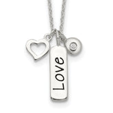 Sterling Silver Antiqued/Polished CZ LOVE Heart With 1in ext Necklace