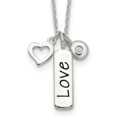 Sterling Silver Antiqued/Polished CZ LOVE Heart With 1in ext Necklace