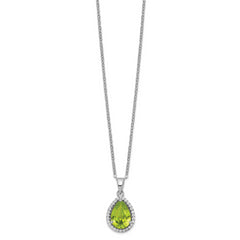 Sterling Silver Rhodium Polished Simulated Peridot & CZ Necklace