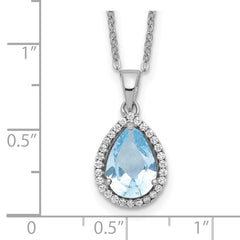 Sterling Silver Rhodium Polished Imitation Aquamarine & CZ Necklace