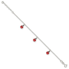 Sterling Silver Polished Enameled Ladybugs With 1in ext. Children's Bracelet