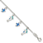 Sterling Silver Enameled Seahorse & Birds With 1in ext. Children's Bracelet