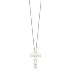 Sterling Silver Rhodium-plated 6-7mm White Button Freshwater Cultured Pearl Cross 17 inch Necklace