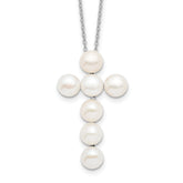 Sterling Silver Rhodium-plated 6-7mm White Button Freshwater Cultured Pearl Cross 17 inch Necklace