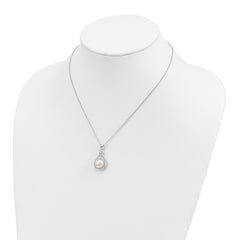Sterling Silver Rhodium-plated 10-11mm White Button Freshwater Cultured Pearl and CZ 17 inch Necklace