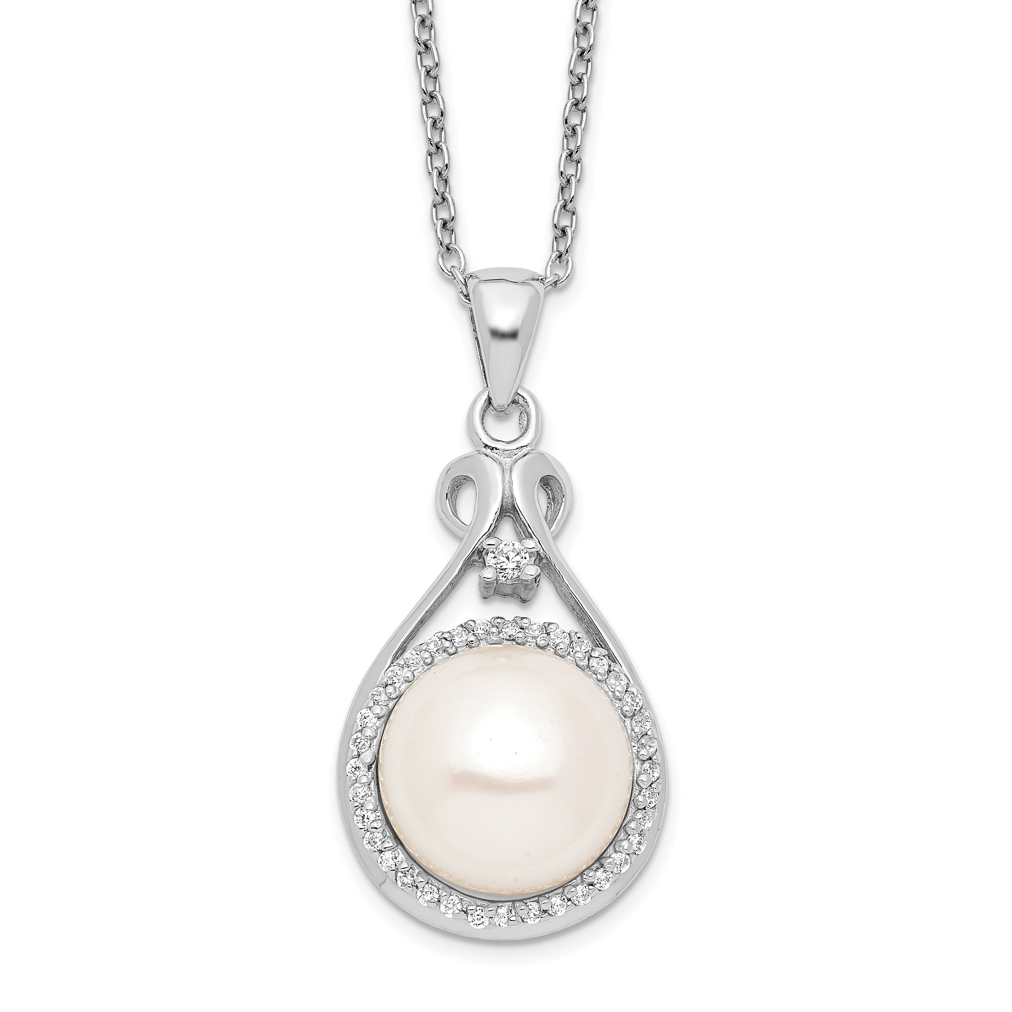 Sterling Silver Rhodium-plated 10-11mm White Button Freshwater Cultured Pearl and CZ 17 inch Necklace