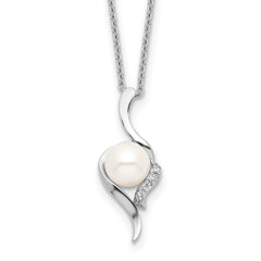 Sterling Silver Rhodium-plated 6-7mm White Semi-Round Freshwater Cultured Pearl and CZ 17 inch Necklace
