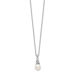 Sterling Silver Rhodium-plated 6-7mm White Near-Round Freshwater Cultured Pearl and CZ 17 inch Necklace