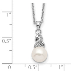 Sterling Silver Rhodium-plated 6-7mm White Near-Round Freshwater Cultured Pearl and CZ 17 inch Necklace