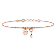 Sterling Silver Rose-tone Heart Lock and Key 9 inch Plus 1 inch Extender - Total 10 inch Anklet