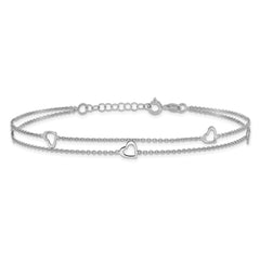 Sterling Silver Rhodium-plated Heart 2-Strand 9 inch Plus 1 inch Extender - Total 10 inch Anklet