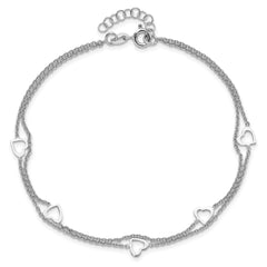 Sterling Silver Rhodium-plated Heart 2-Strand 9 inch Plus 1 inch Extender - Total 10 inch Anklet