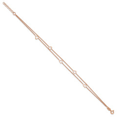 Sterling Silver Rose-tone Heart 2-Strand 10 inch Plus 1 inch Extender - Total 11 inch Anklet
