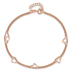 Sterling Silver Rose-tone Heart 2-Strand 10 inch Plus 1 inch Extender - Total 11 inch Anklet