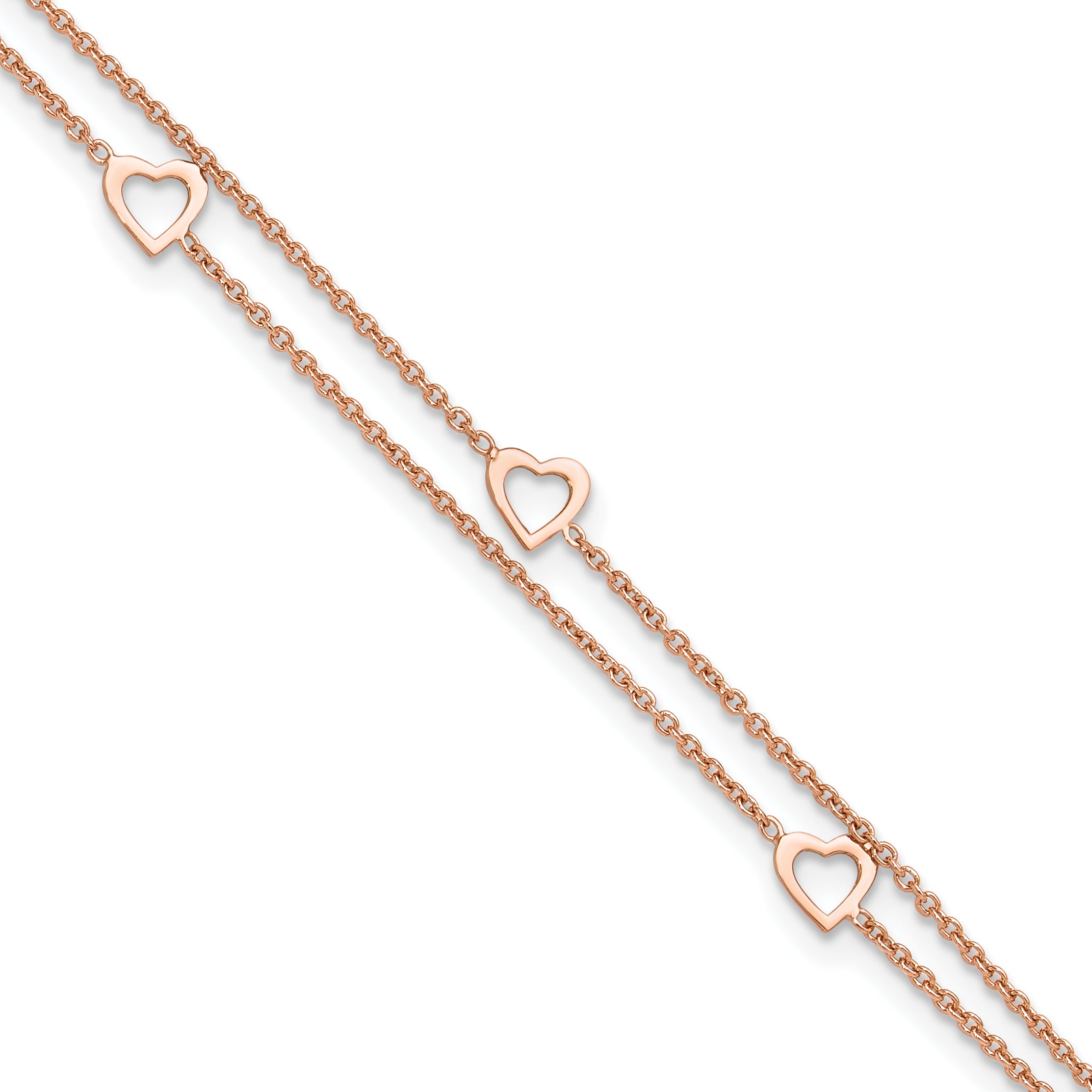 Sterling Silver Rose-tone Heart 2-Strand 9 inch Plus 1 inch Extender - Total 10 inch Anklet