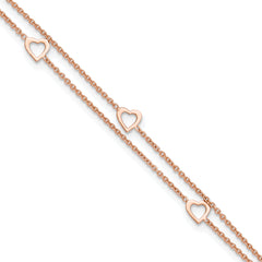 Sterling Silver Rose-tone Heart 2-Strand 9 inch Plus 1 inch Extender - Total 10 inch Anklet