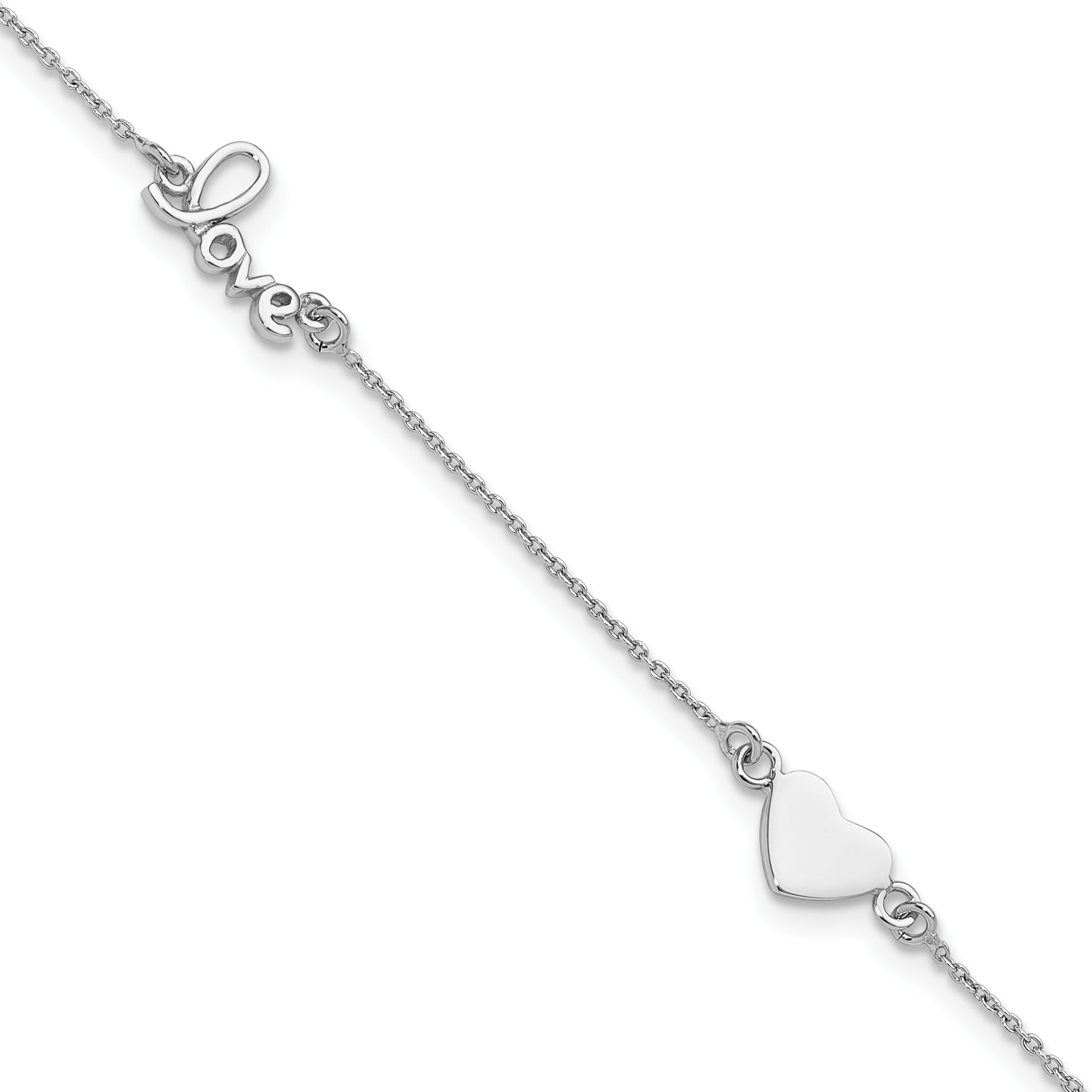 Sterling Silver Rhodium-plated Heart/LOVE Script 9 inch Plus 1 inch Extender - Total 10 inch Anklet