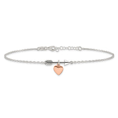 Sterling Silver Arrow with Rose-tone Heart 10 inch Plus 1 inch Extender - Total 11 inch Anklet