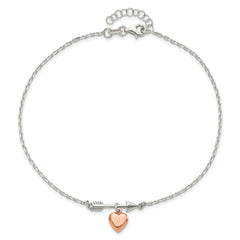 Sterling Silver Arrow with Rose-tone Heart 10 inch Plus 1 inch Extender - Total 11 inch Anklet