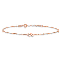 Sterling Silver Rose-tone Interlocked Hearts 9 inch Plus 1 inch Extender - Total 10 inch Anklet