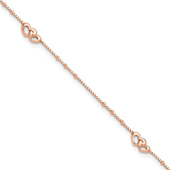 Sterling Silver Rose-tone Interlocked Hearts 9 inch Plus 1 inch Extender - Total 10 inch Anklet