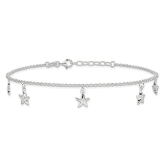 Sterling Silver Starfish Dangles 10 inch Plus 1 inch Extender - Total 11 inch Anklet