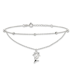Sterling Silver Palm Tree 2-Strand 9 inch Plus 1 inch Extender - Total 10 inch Anklet
