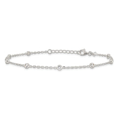 Sterling Silver Rhodium-plated Bezel CZ 8-Station 10 inch Plus 1 inch extender - Total 11 inch Anklet