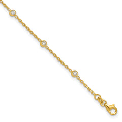 Sterling Silver Gold-tone Bezel CZ 8-Station 10 inch Plus 1 inch Extender - Total 11 inch Anklet
