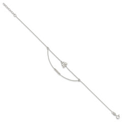 Sterling Silver Butterfly and Beads 2-Strand 9 inch Plus 1 inch Extender - Total 10 inch Anklet