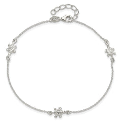 Sterling Silver Turtle 3-Station 9 inch Plus 1 inch Extender - Total 10 inch Anklet