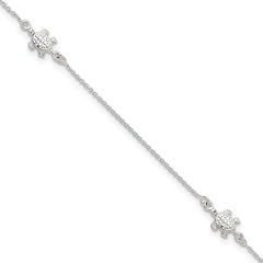 Sterling Silver Turtle 3-Station 9 inch Plus 1 inch Extender - Total 10 inch Anklet
