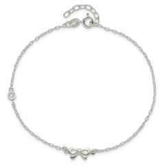 Sterling Silver CZ and Bow 9 inch Plus 1 inch Extender - Total 10 inch Anklet