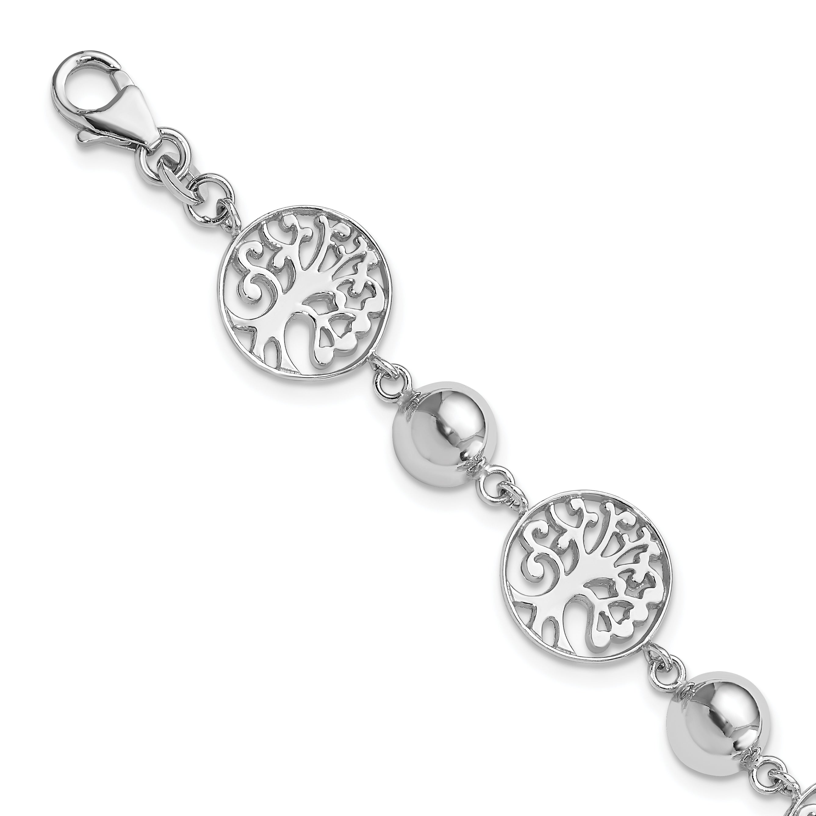 Sterling Silver Rhod-plated Round Tree and Circle With 1in ext. Bracelet