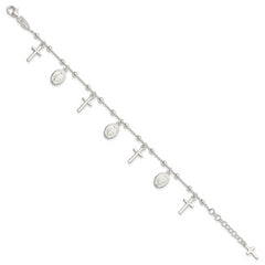 Sterling Silver Polished With 1in ext Cross Miraculous Medal Bracelet