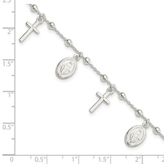 Sterling Silver Polished With 1in ext Cross Miraculous Medal Bracelet