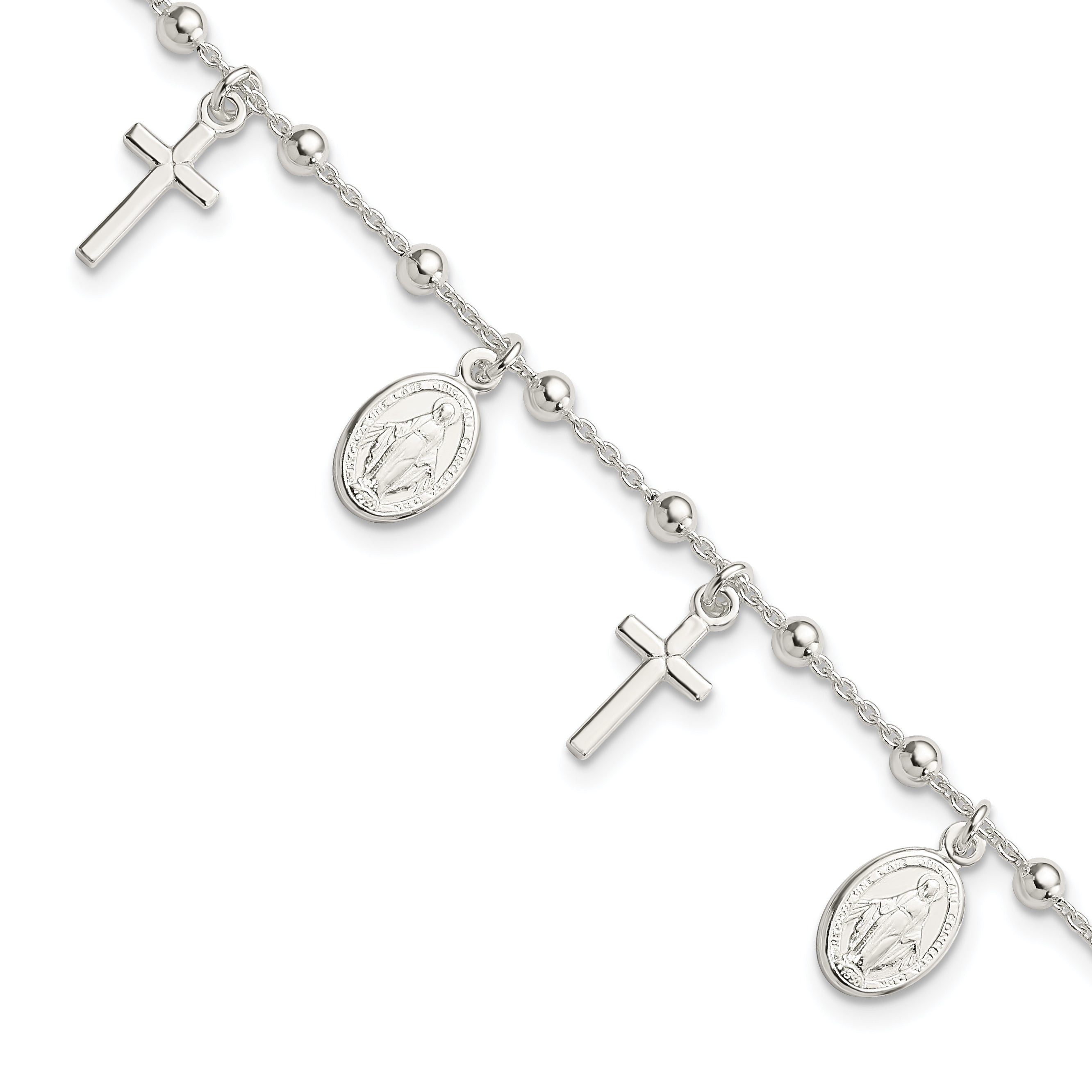 Sterling Silver Polished With 1in ext Cross Miraculous Medal Bracelet