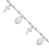 Sterling Silver Polished With 1in ext Cross Miraculous Medal Bracelet