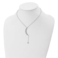 Sterling Silver Rhod-plated CZ Moon and Star With 2in ext. Necklace