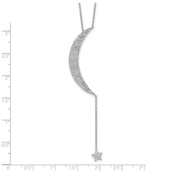 Sterling Silver Rhod-plated CZ Moon and Star With 2in ext. Necklace