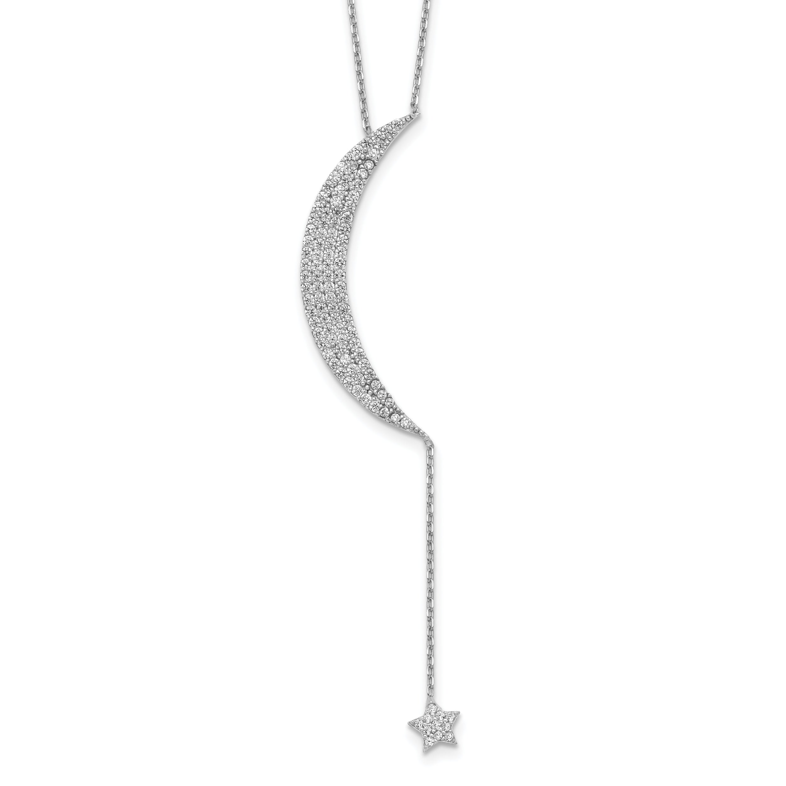 Sterling Silver Rhod-plated CZ Moon and Star With 2in ext. Necklace