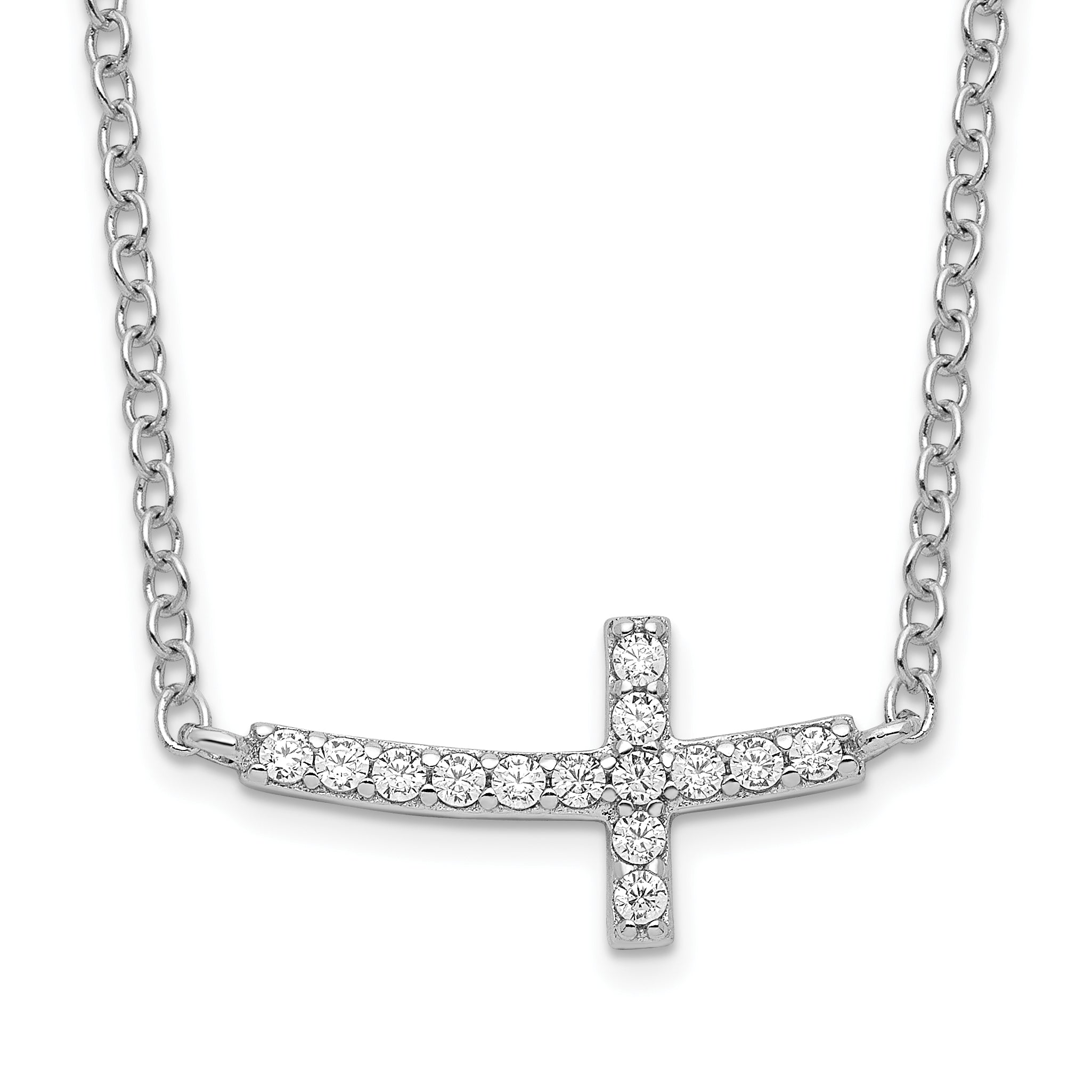 Sterling Silver Rhodium-plated CZ Sideways Cross With 2 inch ext Necklace