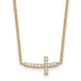 Sterling Silver Gold-tone CZ Sideways Cross With 2 inch ext Necklace