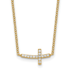 Sterling Silver Gold-tone CZ Sideways Cross With 2 inch ext Necklace