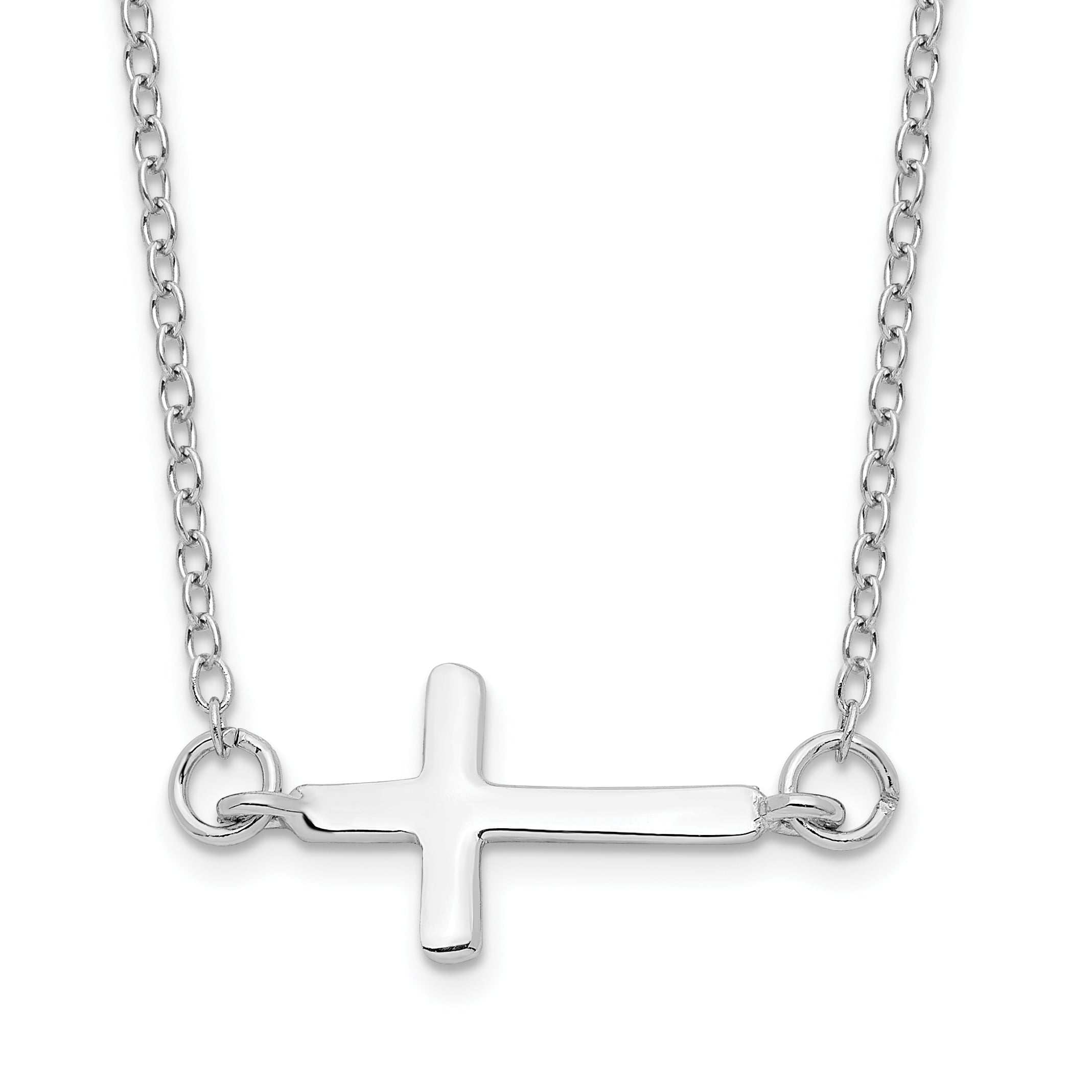 Sterling Silver Rhodium-plated With 2in ext. Sideways Cross Necklace