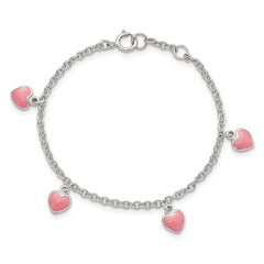Sterling Silver Rhod-pltd Childs Enamel Hearts 5.5in With .5in ext Bracelet