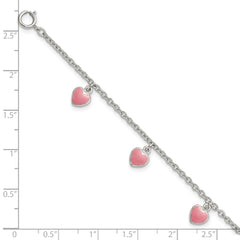 Sterling Silver Rhod-pltd Childs Enamel Hearts 5.5in With .5in ext Bracelet