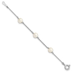 Sterling Silver Rhodium-plated 5-5.5mm White Semi-Round Freshwater Cultured Pearl 3-Station Children's 4 inch Bracelet