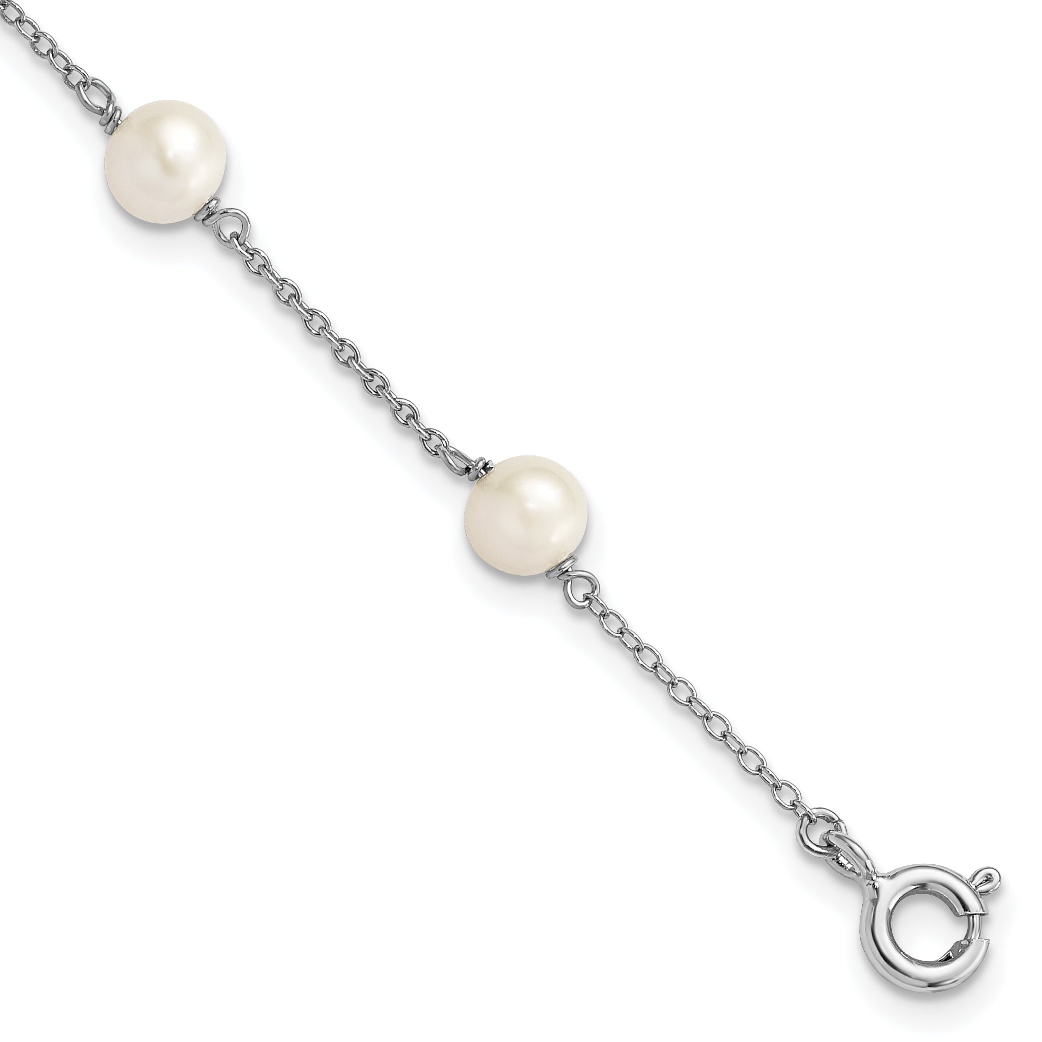Sterling Silver Rhodium-plated 5-5.5mm White Semi-Round Freshwater Cultured Pearl 3-Station Children's 4 inch Bracelet